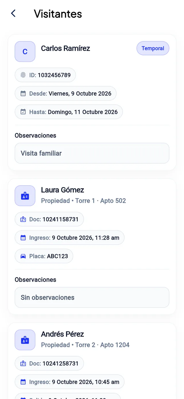 Registro de visitantes con una visita preautorizada